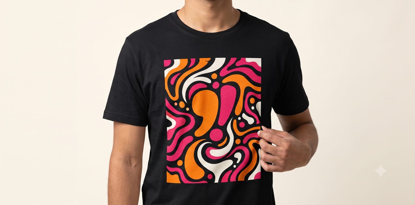 Camiseta preta com estampa DTF colorida da Uau, Caramba! em detalhe